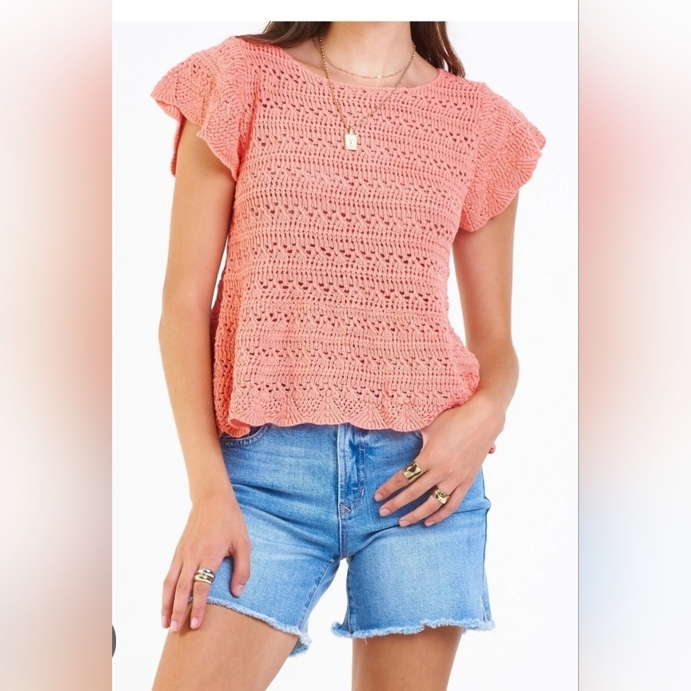 Dear John RAEGAN  Crochet Top Cap Ruffled Sleeves Corral Color XS New